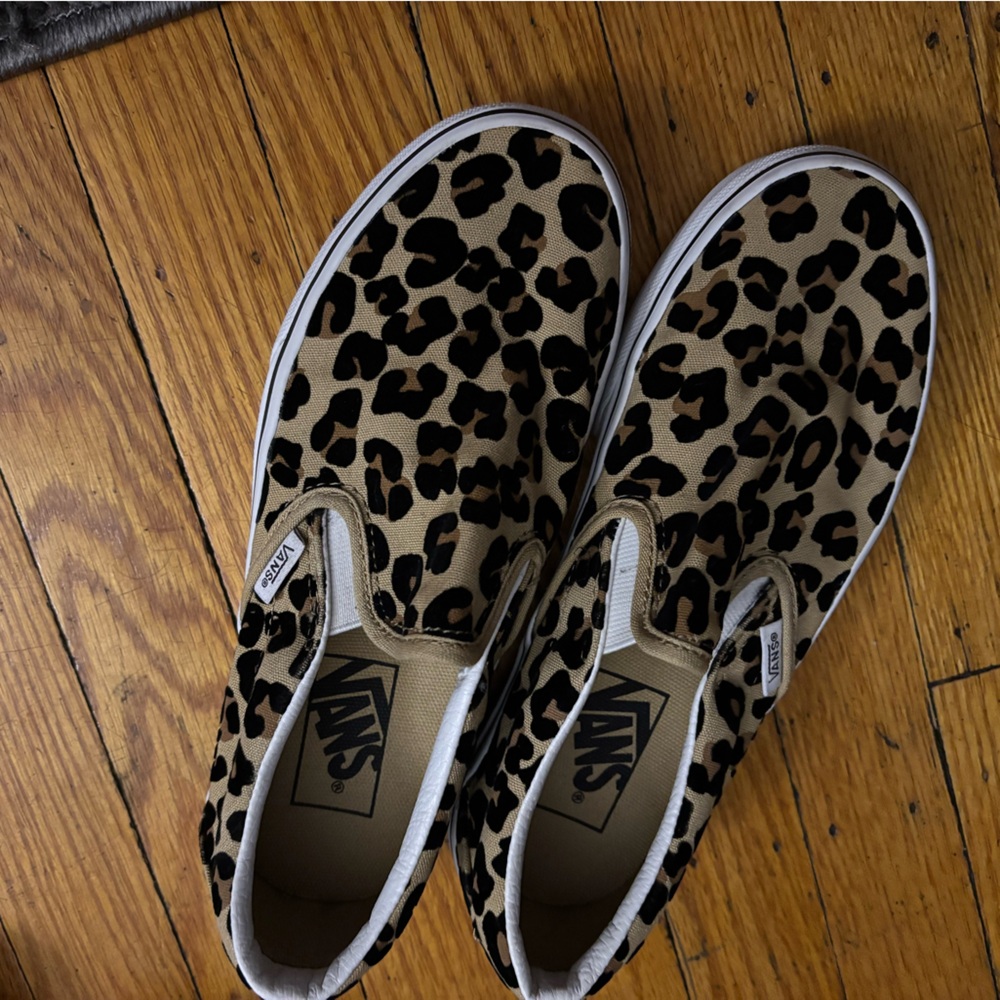 Vans Brown and Black Slip-On Sneakers with Animal Print